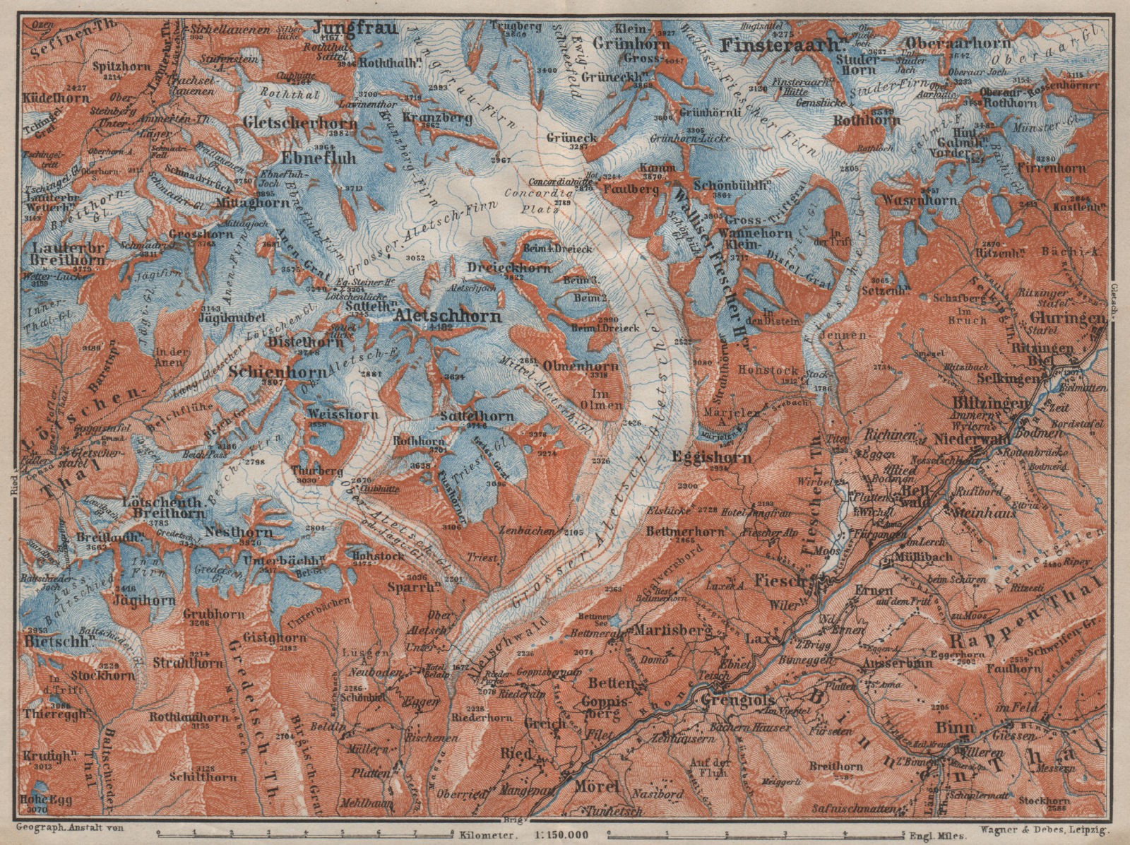 ALETSCHHORN DISTRICT. Fiesch Mörel Jungfrau Nesthorn Grengiols 1909 old map